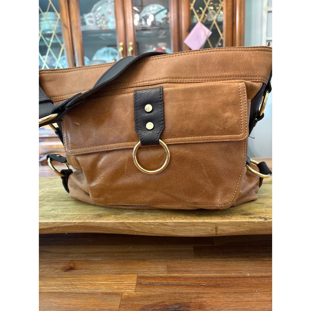 Unbranded Leather Shoulder Bag Women Large Tan Brown Gold Ring Excellent Boho